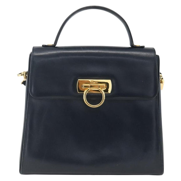 Salvatore Ferragamo Gancini Hand Bag Leather 2way Navy Gold Auth 162143