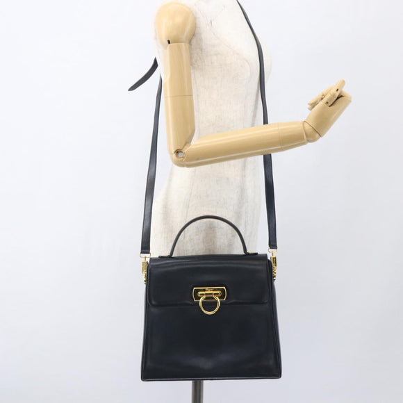 Salvatore Ferragamo Gancini Hand Bag Leather 2way Navy Gold Auth 162143