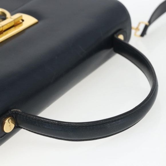 Salvatore Ferragamo Gancini Hand Bag Leather 2way Navy Gold Auth 162143