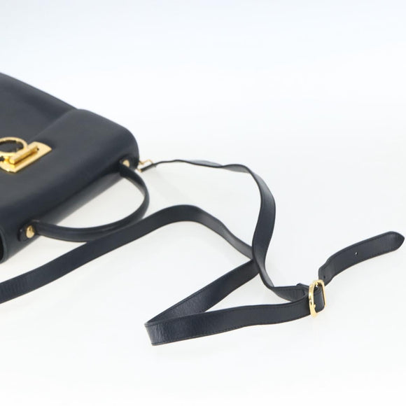 Salvatore Ferragamo Gancini Hand Bag Leather 2way Navy Gold Auth 162143