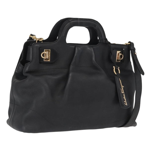 Salvatore Ferragamo Gancini Tote Bag Leather 2way Black Gold Auth 162147