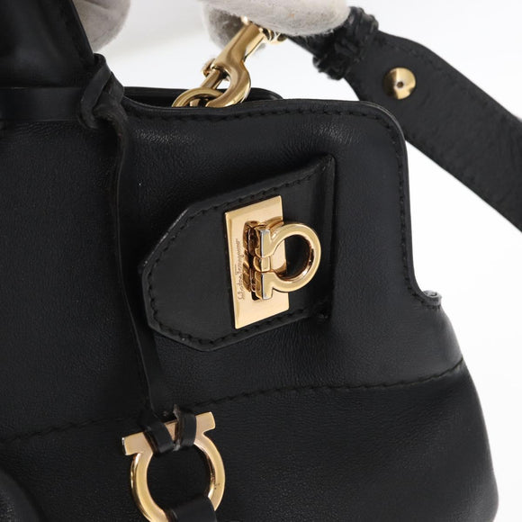 Salvatore Ferragamo Gancini Tote Bag Leather 2way Black Gold Auth 162147