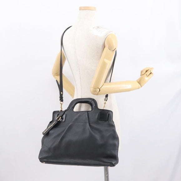 Salvatore Ferragamo Gancini Tote Bag Leather 2way Black Gold Auth 162147