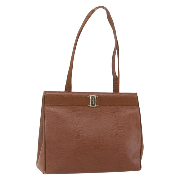 Salvatore Ferragamo Vala Tote Bag Leather Brown Gold Auth 162150