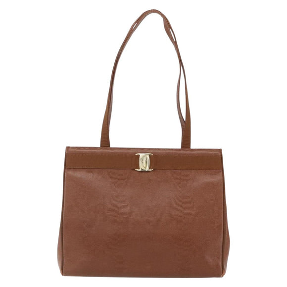 Salvatore Ferragamo Vala Tote Bag Leather Brown Gold Auth 162150