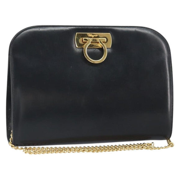 Salvatore Ferragamo Gancini Chain Shoulder Bag Leather Black Gold Auth 162153