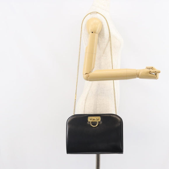 Salvatore Ferragamo Gancini Chain Shoulder Bag Leather Black Gold Auth 162153