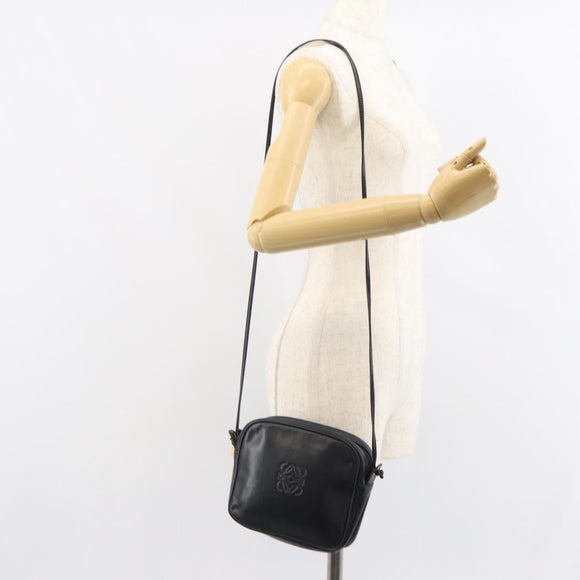 LOEWE Anagram Shoulder Bag Leather Black Gold Auth 162165