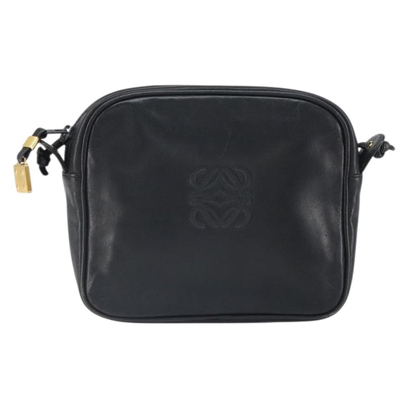 LOEWE Anagram Shoulder Bag Leather Black Gold Auth 162165