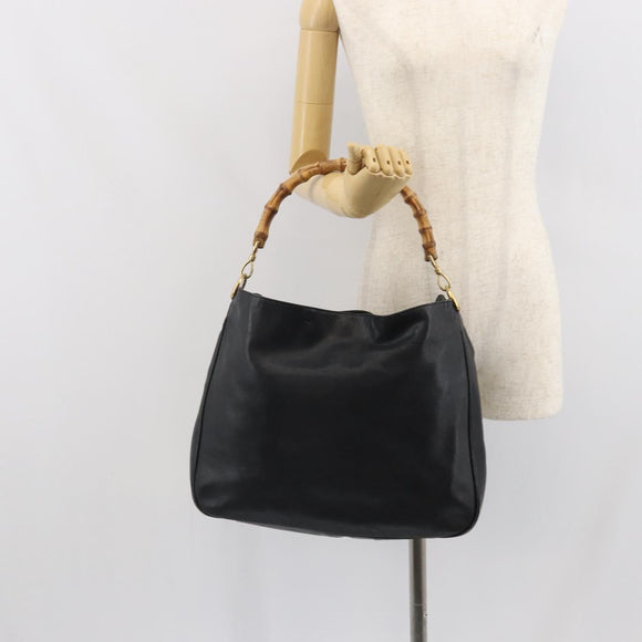 GUCCI Bamboo Shoulder Bag Leather Black Gold 001 1577 3444 Auth 162201
