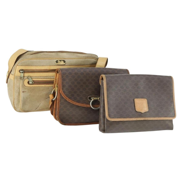 CELINE Macadam Canvas Bag PVC Suede 3 Set Brown Beige Auth 162216