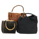 GUCCI Bamboo Shoulder Bag Leather Canvas Suede 3 Set Black Brown Auth 162219-1