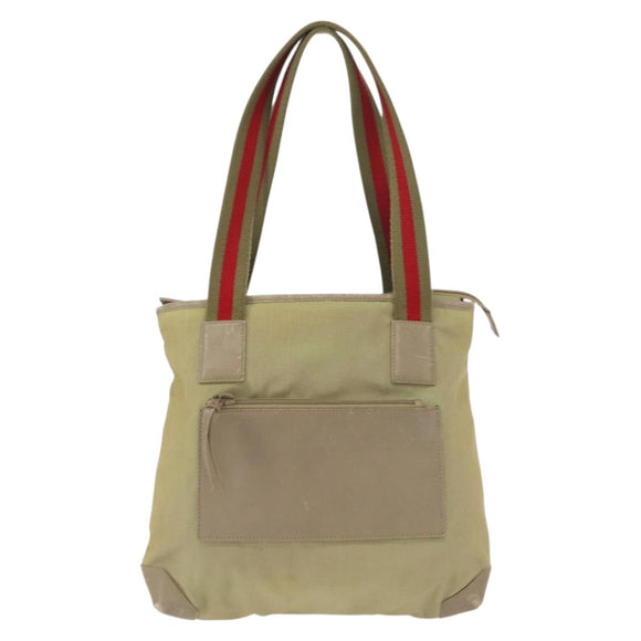 GUCCI Web Sherry Line Tote Bag Canvas Khaki Silver 019 0402 1705 Auth 162256