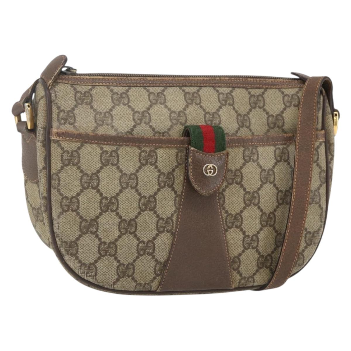 GUCCI GG Supreme Web Sherry Line Shoulder Bag PVC Beige Gold Auth
