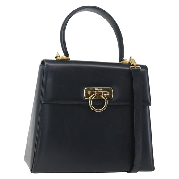 Salvatore Ferragamo Gancini Hand Bag Leather 2way Navy Gold Auth 162320