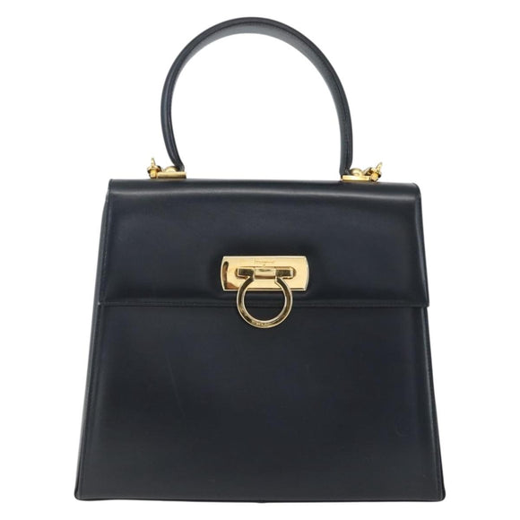 Salvatore Ferragamo Gancini Hand Bag Leather 2way Navy Gold Auth 162320