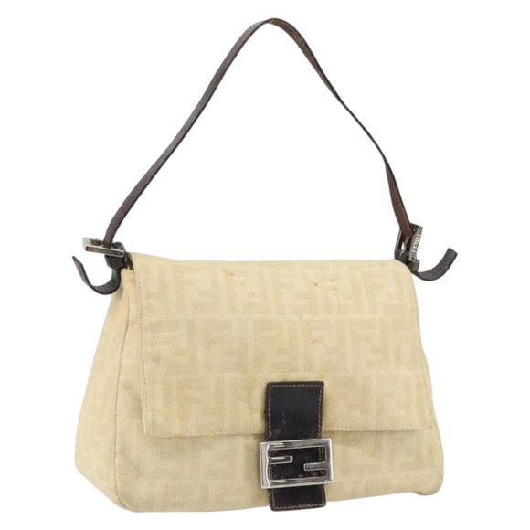 FENDI Zucca Canvas Mamma Baguette Shoulder Bag Beige Silver Auth 162335
