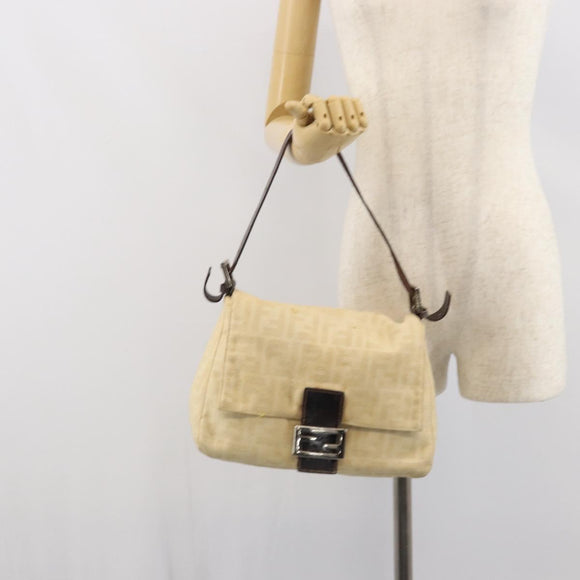 FENDI Zucca Canvas Mamma Baguette Shoulder Bag Beige Silver Auth 162335