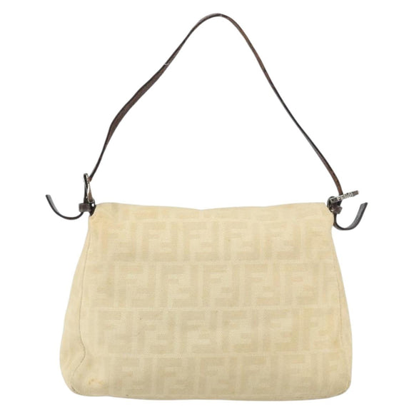 FENDI Zucca Canvas Mamma Baguette Shoulder Bag Beige Silver Auth 162335