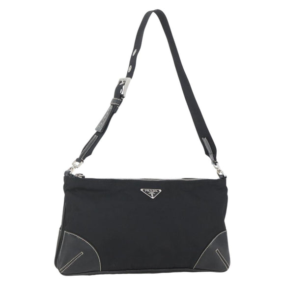 PRADA Schoudertas Nylon Zwart Zilver Auth 162342