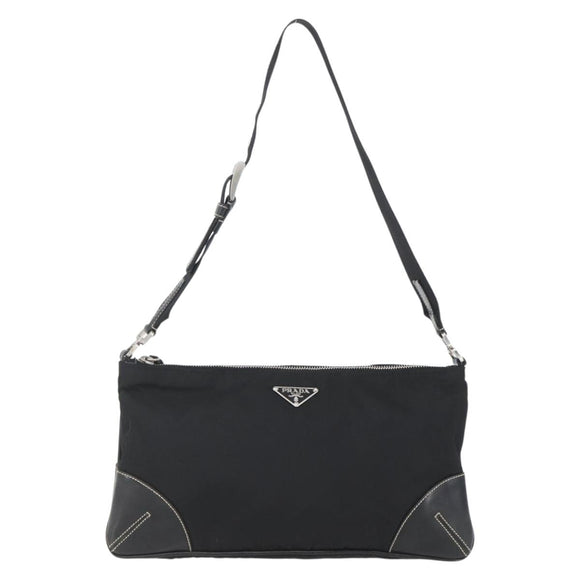 PRADA Schoudertas Nylon Zwart Zilver Auth 162342