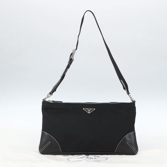 PRADA Schoudertas Nylon Zwart Zilver Auth 162342