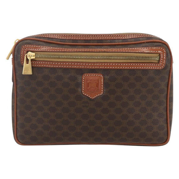 CELINE Macadam Canvas Clutch Bag PVC Leather Brown Gold Auth 162398