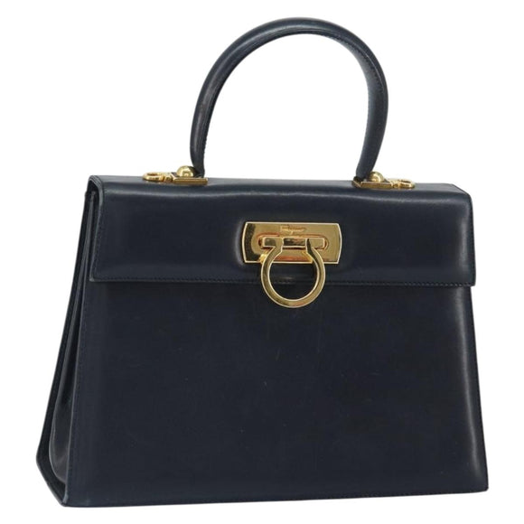 Salvatore Ferragamo Gancini Hand Bag Leather Navy Gold Auth 162408