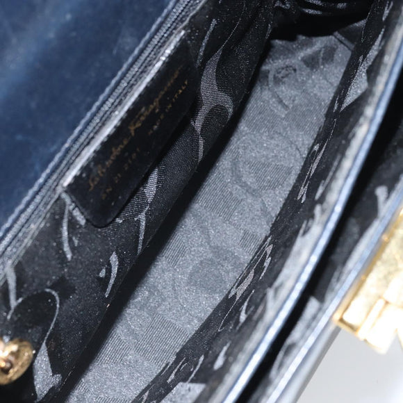 Salvatore Ferragamo Gancini Hand Bag Leather Navy Gold Auth 162408