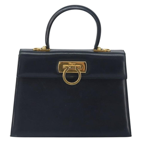Salvatore Ferragamo Gancini Hand Bag Leather Navy Gold Auth 162408