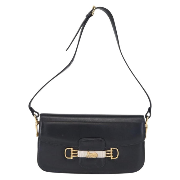 CELINE Horse Carriage Shoulder Bag Leather Navy Gold Auth 162409