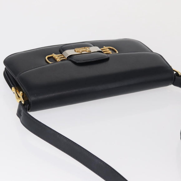 CELINE Horse Carriage Shoulder Bag Leather Navy Gold Auth 162409