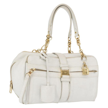 LOEWE Hand Bag Leather White Gold Auth 162412