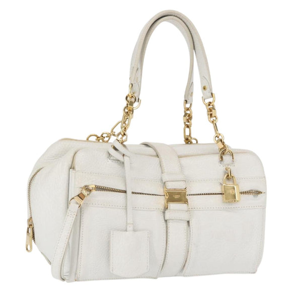LOEWE Hand Bag Leather White Gold Auth 162412