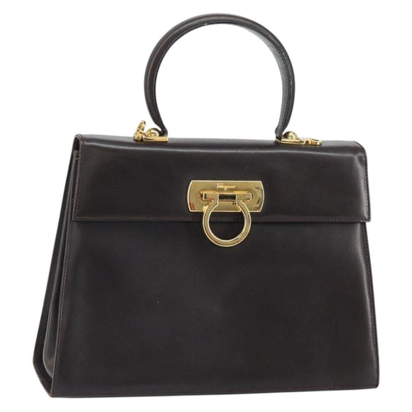 Salvatore Ferragamo Gancini Hand Bag Leather 2way Brown Gold Auth 162468