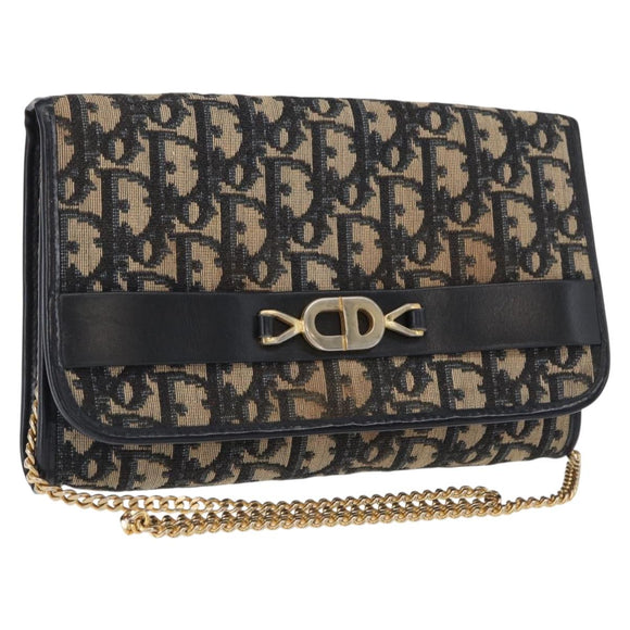 Christian Dior Trotter Canvas Chain Shoulder Bag Navy Gold Auth 162506A