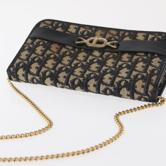 Christian Dior Trotter Canvas Chain Shoulder Bag Navy Gold Auth 162506A