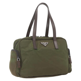 PRADA Hand Bag Nylon Khaki Silver Auth 162512