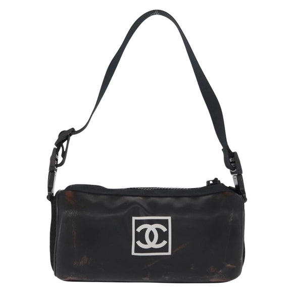 CHANEL Sports Line Shoulder Bag Coated Canvas Black CC Auth 162540