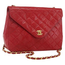CHANEL Matelasse Chain Shoulder Bag Lamb Skin Gold Red CC Auth 162544-1