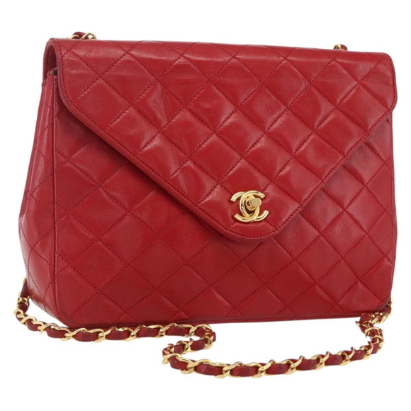 CHANEL Matelasse Chain Shoulder Bag Lamb Skin Gold Red CC Auth 162544