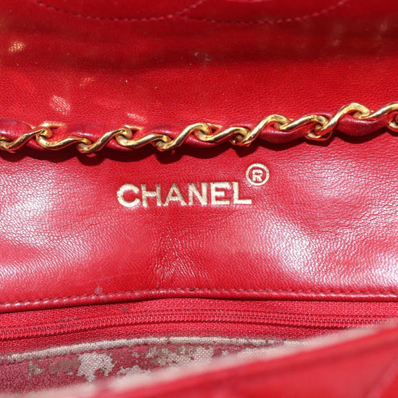 CHANEL Matelasse Chain Shoulder Bag Lamb Skin Gold Red CC Auth 162544