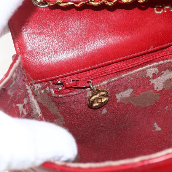 CHANEL Matelasse Chain Shoulder Bag Lamb Skin Gold Red CC Auth 162544