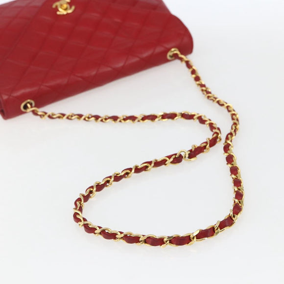 CHANEL Matelasse Chain Shoulder Bag Lamb Skin Gold Red CC Auth 162544
