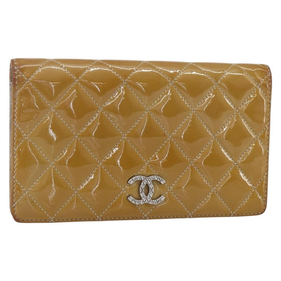 CHANEL Matelasse Long Wallet Patent leather Yellow CC Auth 162548