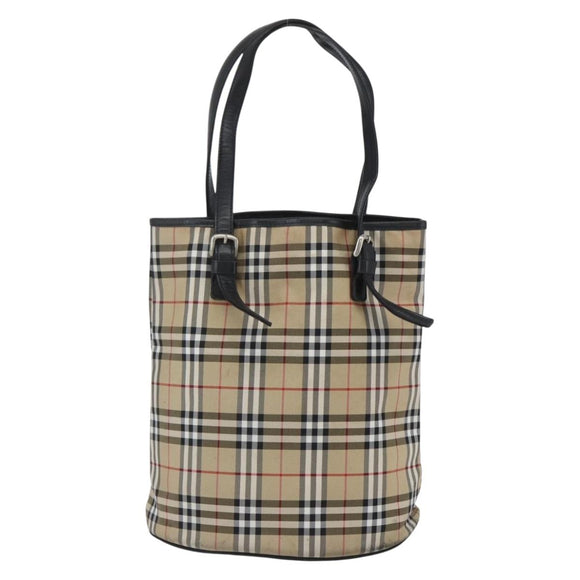 Burberrys Nova Check Blue Label Tote Bag Nylon Beige Silver Auth 162570