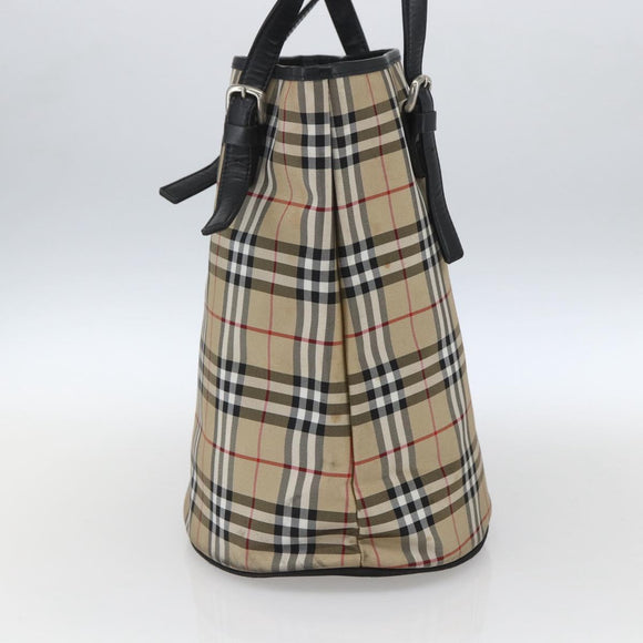 Burberry Nova Check Blue Label Tragetasche Nylon Beige Silber Auth 162570