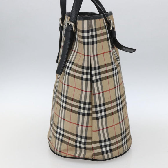 Burberrys Nova Check Blue Label Tote Bag Nylon Beige Silver Auth 162570