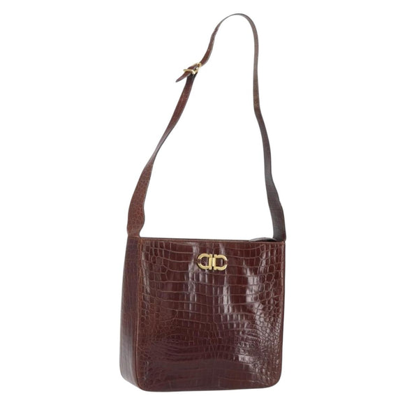 Salvatore Ferragamo Gancini Shoulder Bag Embossed leather Brown Gold Auth 162573