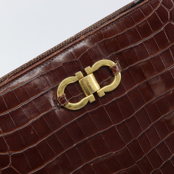 Salvatore Ferragamo Gancini Shoulder Bag Embossed leather Brown Gold Auth 162573